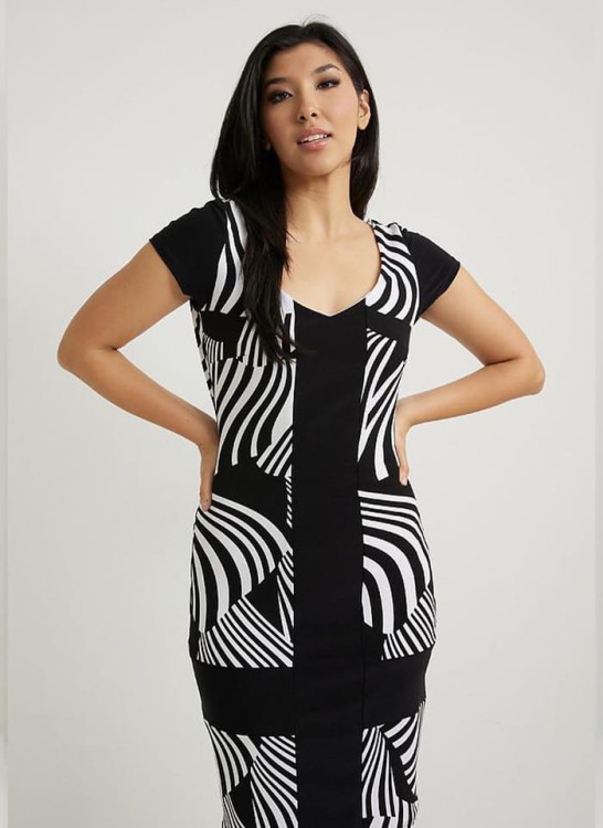 Joseph Ribkoff, Czarno - biała sukienka z krótkim rękawem 222056.