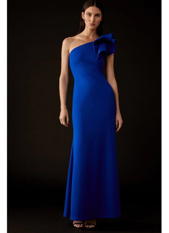 Joseph Ribkoff, Efektowna suknia z falbaną na ramieniu.