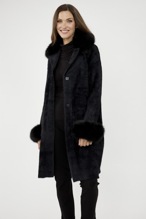 Joseph Ribkoff dzianinowy płaszcz z futrzanym wykończeniem w kolorze czarnym 243923-3.jpg