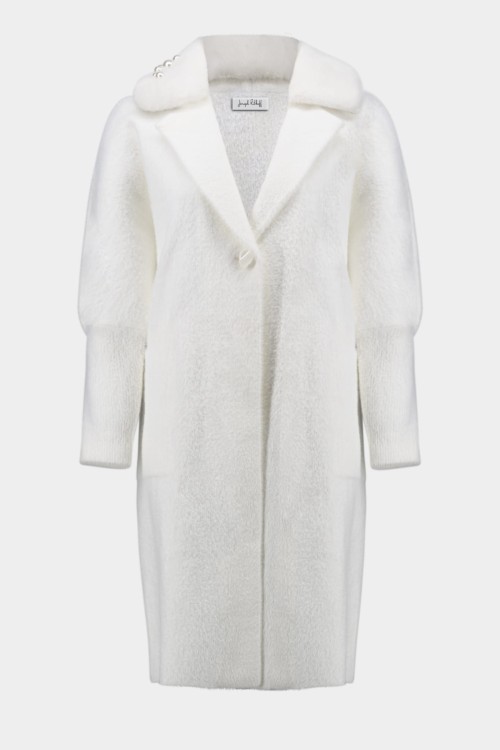 Joseph Ribkoff stylowy, biały płaszcz z kołnierzem zdobionym perełkami 254954-3984-6.jpg