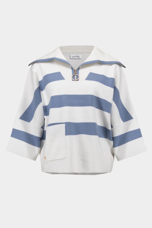 261983-4511 Joseph Ribkoff 261983 Niebieski, pudełkowy sweter w białe pasy-6.jpg