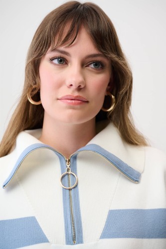 261983-4511 Joseph Ribkoff 261983 Niebieski, pudełkowy sweter w białe pasy_2.jpg