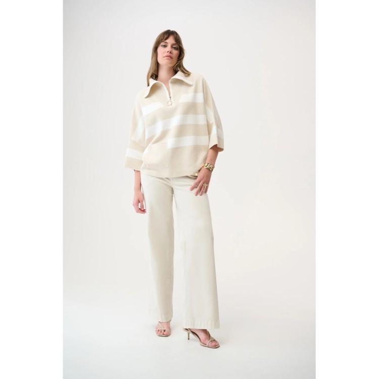 261983-4508 Joseph Ribkoff 261983 Beżowy, pudełkowy sweter w białe pasy-4.jpg