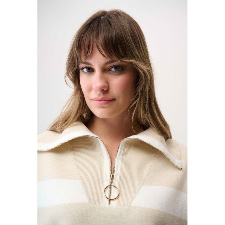 261983-4508 Joseph Ribkoff 261983 Beżowy, pudełkowy sweter w białe pasy-3.jpg