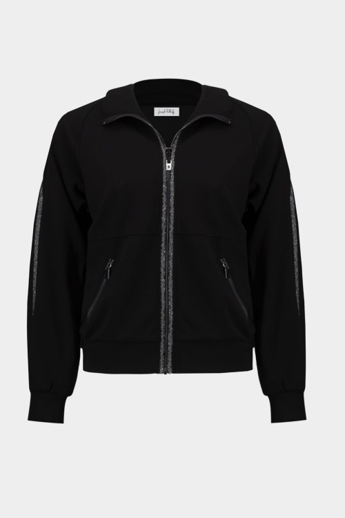 Joseph Ribkoff  254959 Czarna bluza dresowa zapinana na zamek  z przodu ze srebrnym lampasem-5