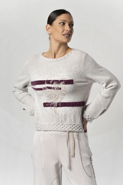 Elisa Cavaletti ELW264038805-3257 Oryginalny, sweter z zdobiony haftem w kolorze kremowym.-8