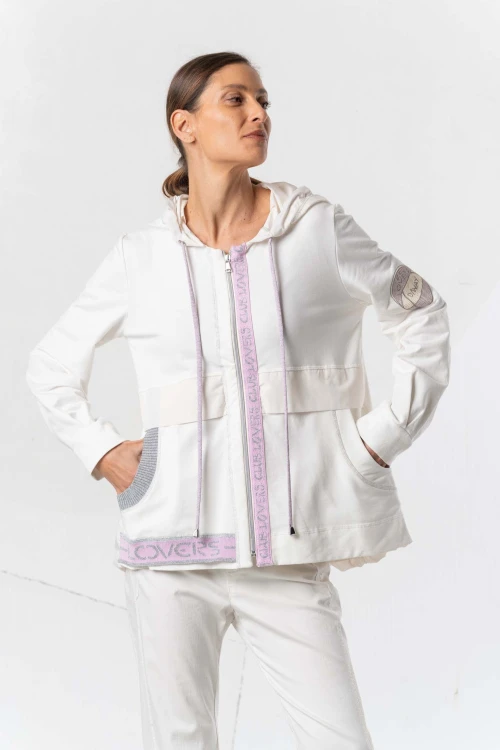 Elisa Cavaletti EJP237001900-03186 Piękna, biała bluza ze zdobieniami w kolorze lila i wstawkami z tafty, z kapturem, zapinana na zamek-1